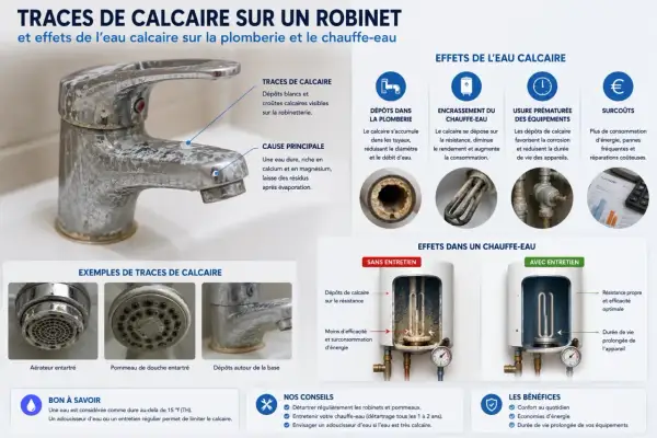 Robinet entartré par une eau agressive ou calcaire, montrant des dépôts blancs et des croûtes. L'image illustre les effets néfastes du calcaire sur la plomberie et les appareils.