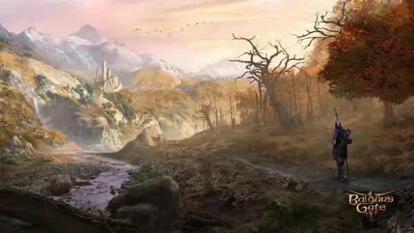 Rycerz w zbroi wędruje przez jesienny krajobraz z zamkiem w oddali. Idealna sceneria dla graczy szukających wysokich **Baldur's Gate 3 wymagań**.