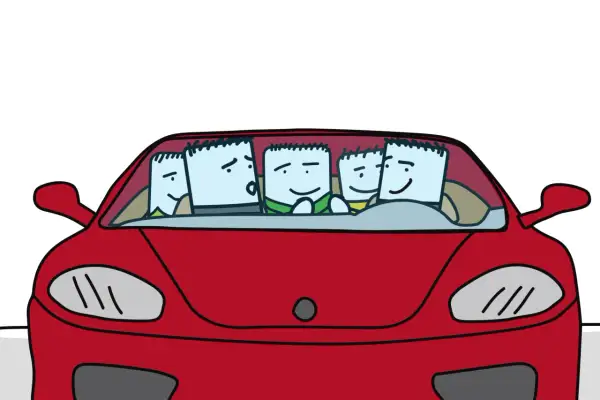 Six personnages s'entassent dans une voiture 5 places, un peu serrés mais souriants. Ils risquent une amende pour surpeuplement.