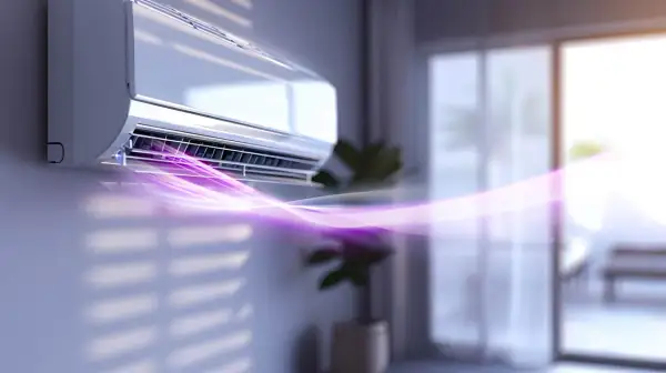 Moderne Klimaanlage zum Heizen mit lila Luftstrom, der sich im Raum ausbreitet.