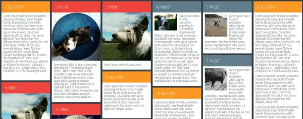 Disposition d'articles de blog et de photos de chiens, organisés en colonnes comme un design masonry CSS.