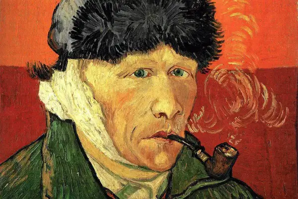 Obraz van Goga: autoportret artysty z zabandażowanym uchem, palącego fajkę.