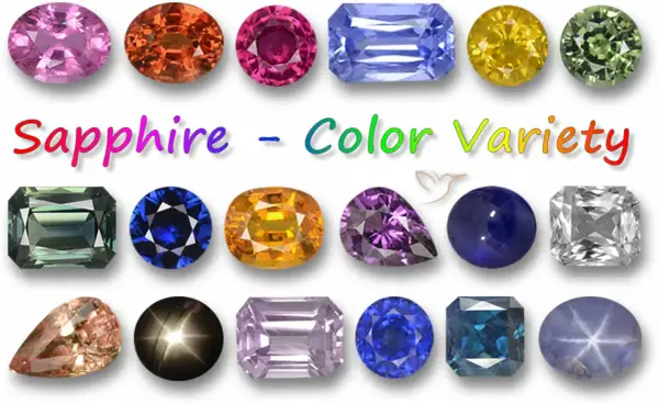 Variedad de colores de zafiro, incluyendo un zafiro estrella y gemas de tonos rosados, naranjas, morados, azules, amarillos, verdes y blancos.