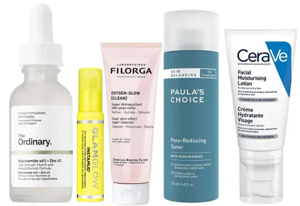 Prodotti skincare con niacinamide: The Ordinary, Paula's Choice e CeraVe, per migliorare gli effetti sulla pelle.