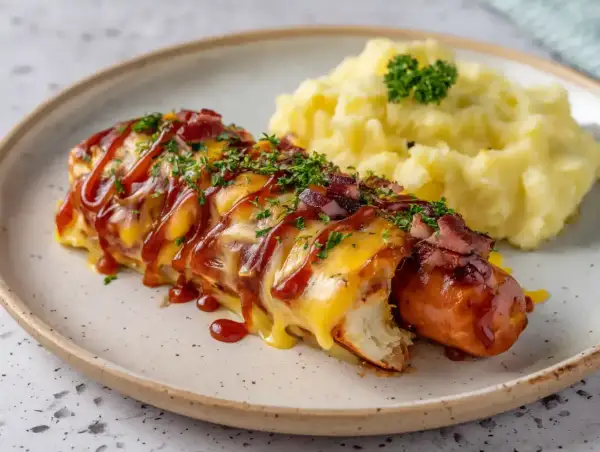 En saftig falukorv i airfryer, inlindad i ost och bacon, toppad med BBQ-sås och persilja. Serveras med krämigt potatismos.