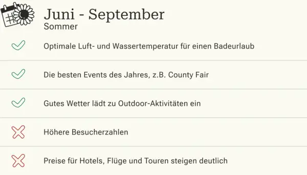 Juni-September: Sommer in L.A. mit optimalem Wetter für Badeurlaub & Events. Nachteile: mehr Besucher, höhere Preise. Beste Reisezeit für L.A.