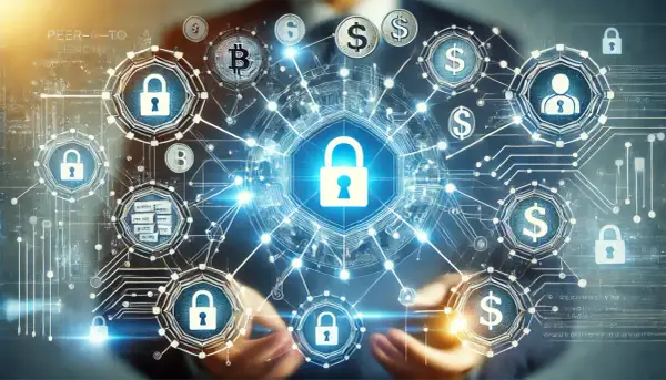 Sieć symboli blokad, dolarów i Bitcoinów otacza centralny zamek. To wizualizacja bezpiecznych, sprawdzonych pożyczek społecznościowych.