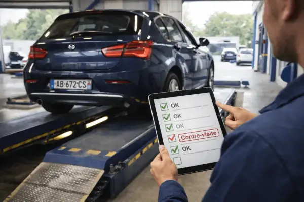 Un technicien vérifie une liste sur une tablette, avec une voiture sur un pont élévateur. La case "Contre-visite" est cochée.