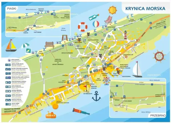 Mapa Krynicy Morskiej z zaznaczonymi atrakcjami, portami i ścieżkami. Widać tu m.in. plaże, latarnię morską, park linowy i miejsca do wypoczynku. Brak tu jednak informacji o **krynica morska pociąg**.
