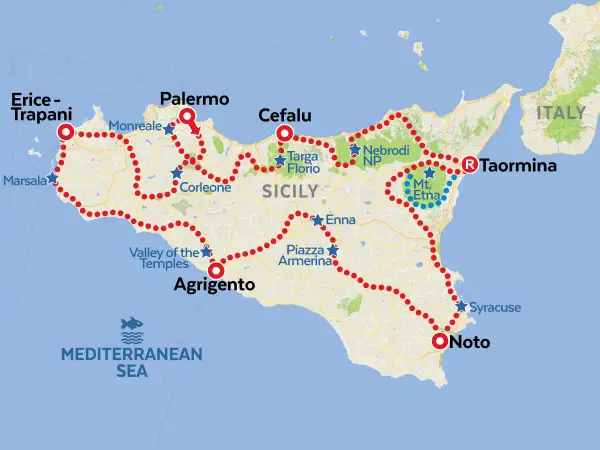 Mapa de Sicilia con ruta turística: Palermo, Cefalú, Taormina, Etna, Siracusa, Noto, Agrigento, Valle de los Templos, Marsala, Erice. ¡Ideal para visitar Sicilia!