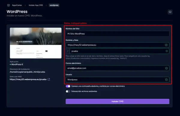 Configuración para instalar WordPress: nombre del sitio, dominio y ruta, correo electrónico y usuario. Aprende como crear un dominio web.
