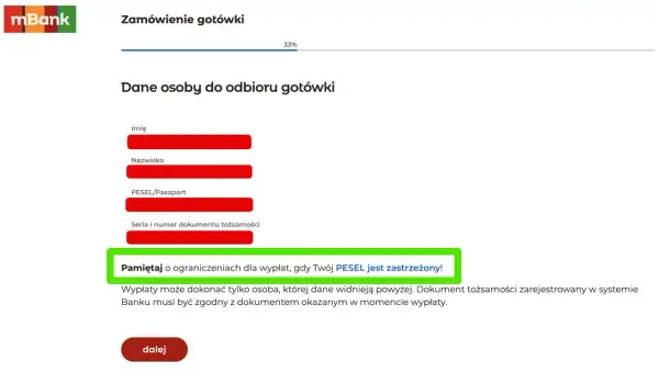 Formularz zamówienia gotówki. Wpisz dane odbiorcy, pamiętaj o ograniczeniach dla wypłat, gdy Twój PESEL jest zastrzeżony!