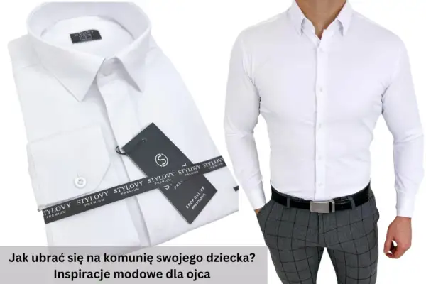 Biała koszula męska z metkami i fragmentem stylizacji z szarymi spodniami w kratę.