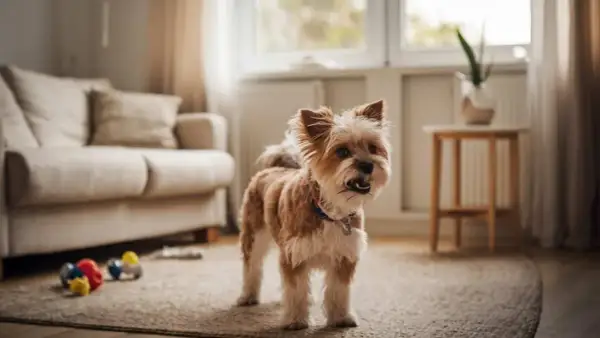 Perro pequeño y peludo, con pelaje marrón y blanco, parado en una alfombra. Parece que mi perro ladra mucho, ¡pero hoy está tranquilo!