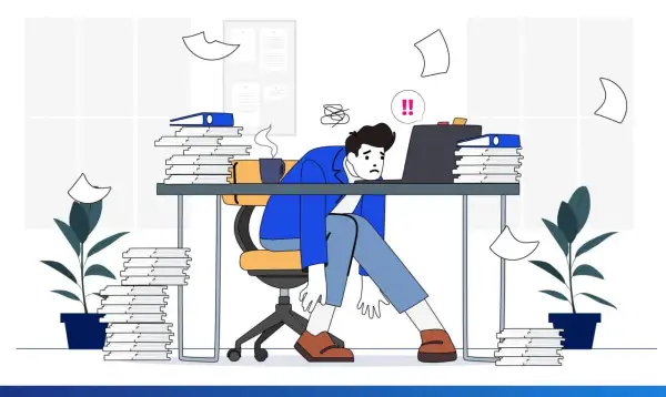 Uomo esausto sommerso da pile di documenti, simbolo di un ambiente di lavoro tossico.