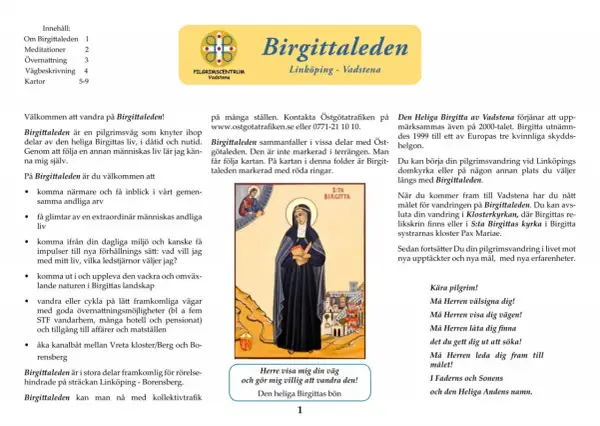 Bilden visar en illustration av den heliga Birgitta, med text om Birgittaleden, en pilgrimsväg.