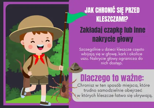 Dziecko w stroju harcerza, z flagą i wielkim kleszczem, uczy jak chronić się przed kleszczami, zakładając czapkę.