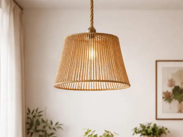Lampa sufitowa z juty, tworząca przytulną atmosferę. Jej pleciony klosz rozprasza ciepłe światło, idealne do salonu.