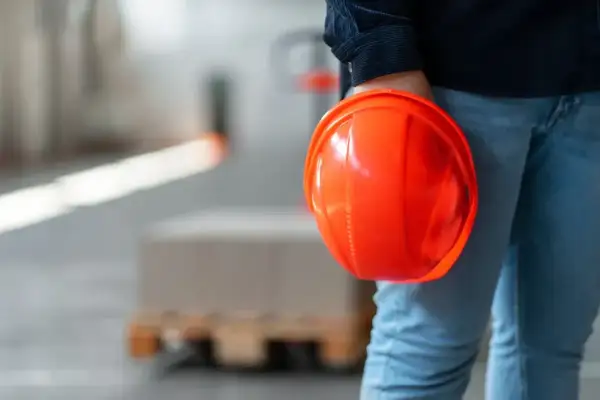 Persona con casco arancione in mano, in un magazzino. Il RSPP quando è obbligatorio garantisce la sicurezza.