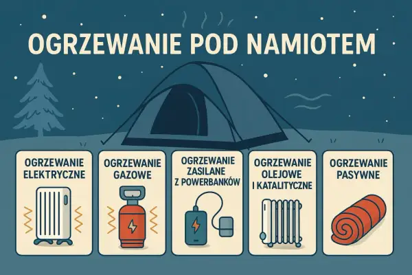 Różne metody ogrzewania namiotu: elektryczne, gazowe, z powerbanków, olejowe, katalityczne i pasywne.