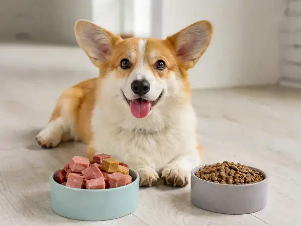 Glücklicher Corgi vor zwei Futterschalen: eine mit Würfeln für BARF, die andere mit Trockenfutter.