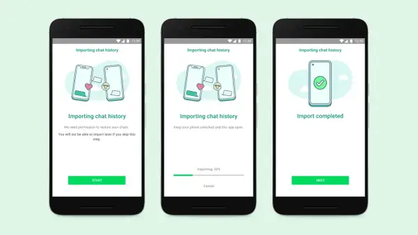Ekran pokazuje, jak przenieść WhatsApp z Androida na iPhone. Proces importu historii czatów jest w toku.