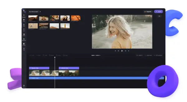 Interfejs aplikacji do montowania filmów z podglądem wideo i ścieżkami wideo oraz muzyki.