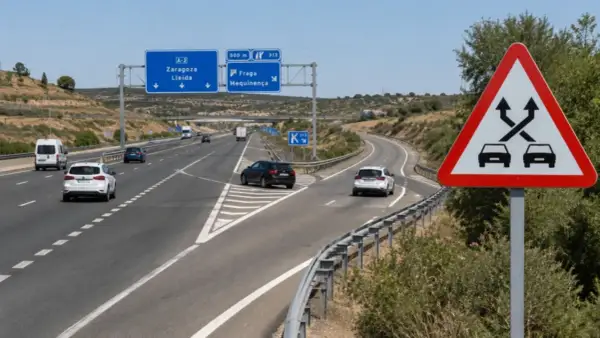 Señal de advertencia de tráfico cruzado, señal p35, en una autopista con varios coches circulando.