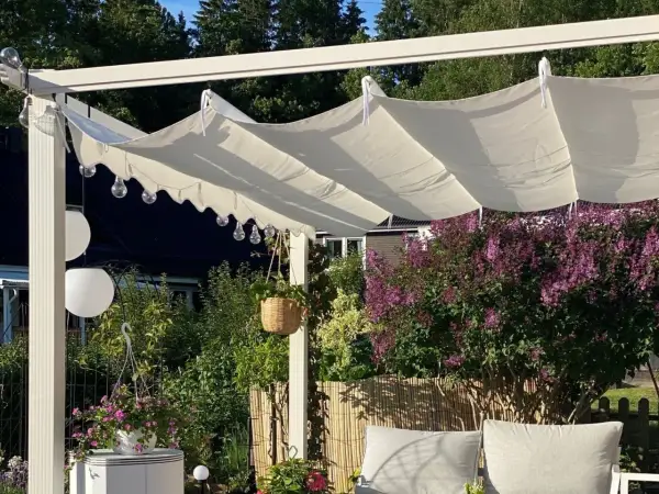 En vit kaprifol pergola med hängande ljusslingor och en frodig syrénbuske i bakgrunden.