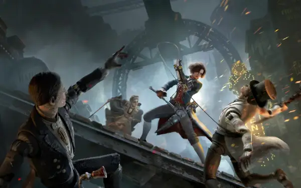 Kobieta z łukiem walczy z mechanicznymi przeciwnikami w klimacie steampunk. To scena jak z gier triple a.