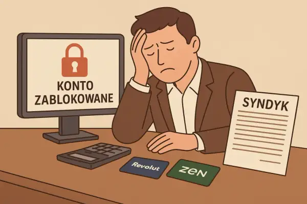 Zablokowane konto i dokument "SYNDYK" na biurku. Osoba po ogłoszeniu upadłości musi zmierzyć się z nowymi obowiązkami.