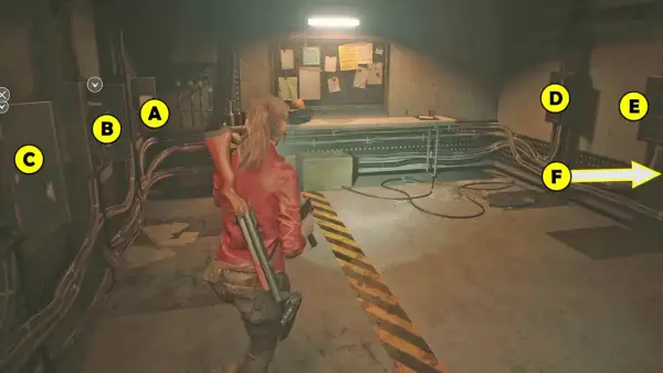 Claire w czerwonej kurtce w Resident Evil 2 poradnik, obok tablicy z notatkami i oznaczeń A-F.