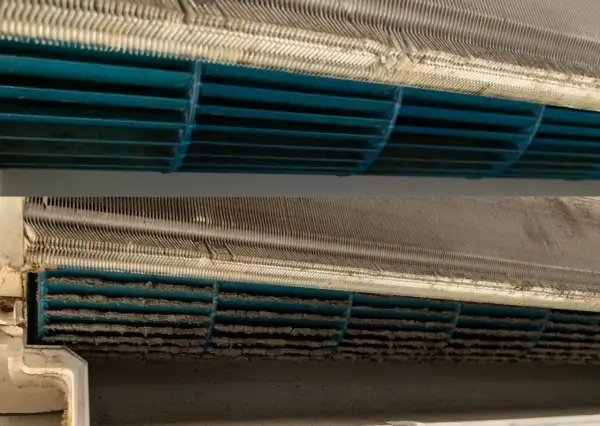 Comparaison avant/après nettoyage de l'évaporateur de climatisation. La poussière s'est accumulée sur les ailettes, réduisant l'efficacité.