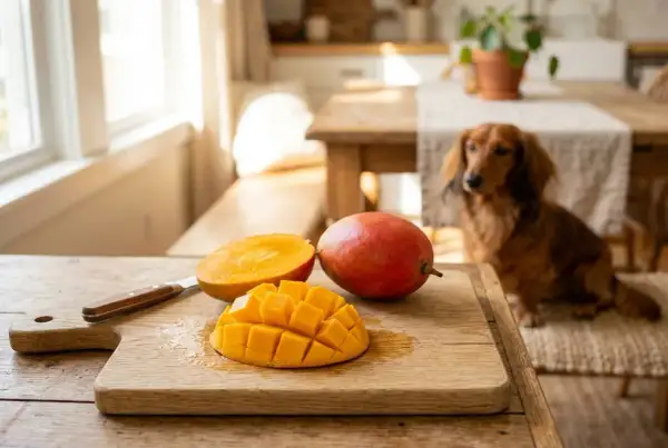 Słodki mango dla psa, pokrojony w kostkę na desce, obok całego owocu. W tle siedzi jamnik.