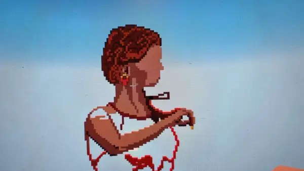 Retrato de mujer en dibujos pixel art, con cabello rizado y aretes rojos, sosteniendo un objeto dorado.
