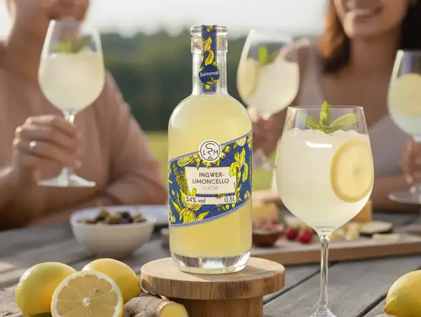 Flasche Ingwer-Limoncello mit Gläsern, Zitronen und Minze auf Holztisch.