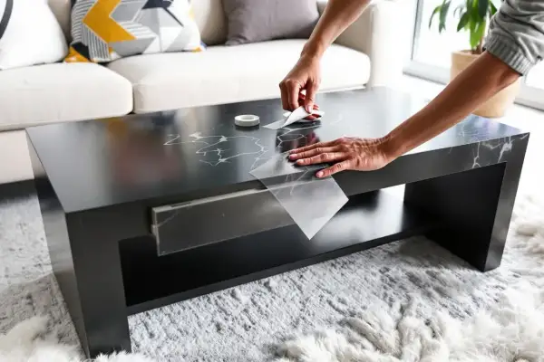 Une personne relooker table basse avec carrelage adhésif effet marbre. Le résultat est élégant et moderne.
