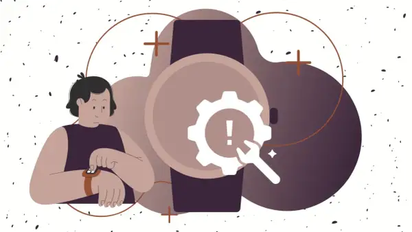 Osoba sprawdza swój smartwatch, który sygnalizuje problem. Ikona koła zębatego i wykrzyknika sugeruje potrzebę naprawy lub konfiguracji smart connect.