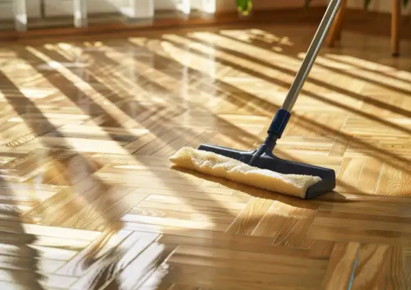 Un mocio lucida un parquet a spina di pesce, illuminato da raggi di sole che creano un gioco di luci. Scopri come lucidare parquet per un risultato splendente.