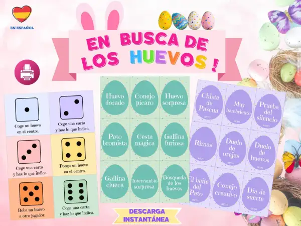 Tablero de juego para buscar huevos de Pascua con dados y cartas de retos como "Conejo picaresco" o "Duelo de orejas".