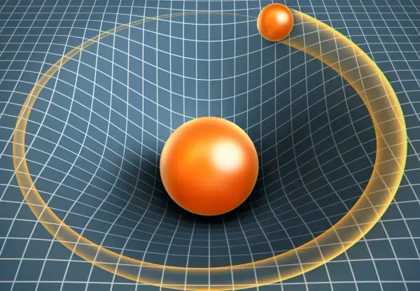 En stor orange sfär böjer ett rutnät, som illustrerar einsteins relativitetsteori. En mindre sfär följer krökningen.
