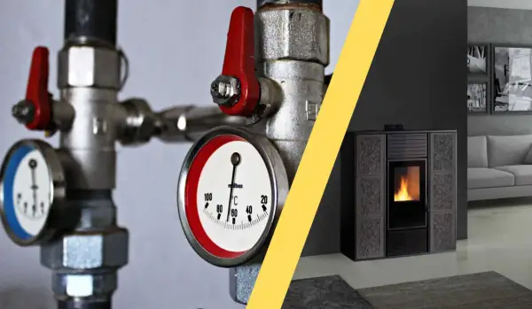 Schema corretto montaggio tubi stufa a pellet: termometro e valvole per un impianto efficiente.