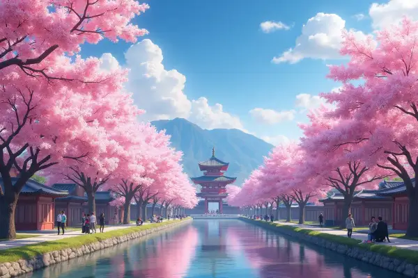 Kwiaty wiśni w Japonii, idealny czas na podróż. Wiosna w pełni, tradycyjna architektura i spokojna rzeka.