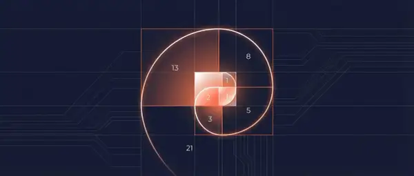 Spirale de Fibonacci illustrant la suite logique, comme une fonction fibonacci python. Les nombres 1, 1, 2, 3, 5, 8, 13, 21 sont représentés.