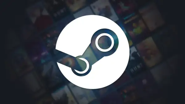 Białe logo Steam na tle okładek gier.