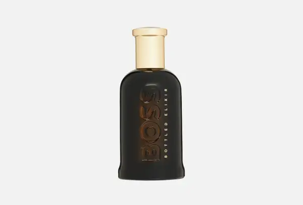 Flakon perfum Hugo Boss Bottled Elixir, ciemnobrązowy, ze złotą nakrętką.