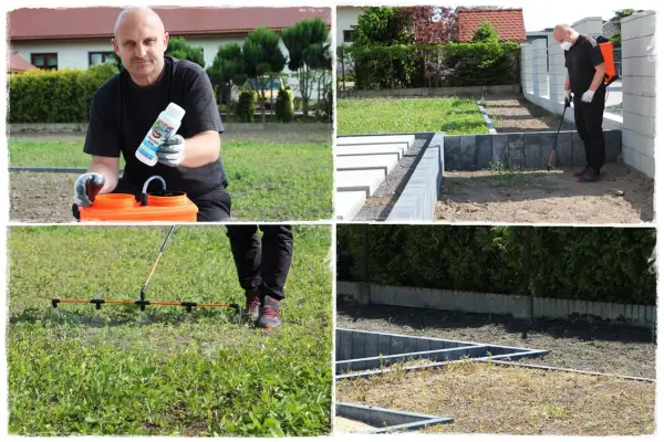 Mężczyzna przygotowuje opryskiwacz z preparatem do trawnika. Następnie opryskuje nim ziemię, przygotowując ją do siewu.