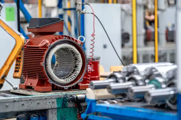 Czerwony silnik elektryczny z widocznym uzwojeniem, przygotowany do montażu. W tle inne rodzaje silników elektrycznych i elementy linii produkcyjnej.
