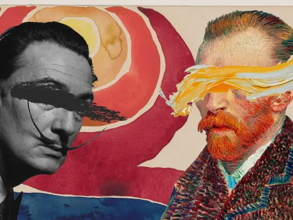 A surreal collage featuring Salvador Dalí and Vincent van Gogh, artists like Van Gogh, with abstract paint strokes obscuring their eyes against a vibrant, sun-like background.