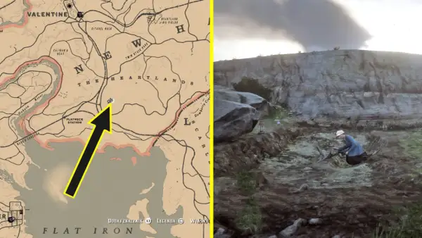 Mapa RDR2 wskazuje miejsce poszukiwań kości dinozaurów. Postać w kapeluszu kopie w ziemi.